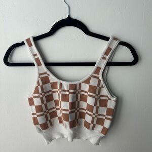 Checkered Knit Crop Top - Brown and White